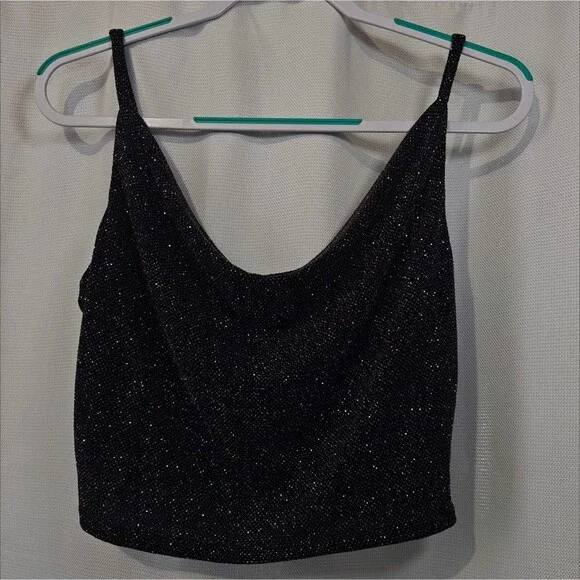Vtg 90s Mesh Crop Tank Top M Medium Black Whimsigoth Sparkle Glitter Cowl - Picture 2 of 8